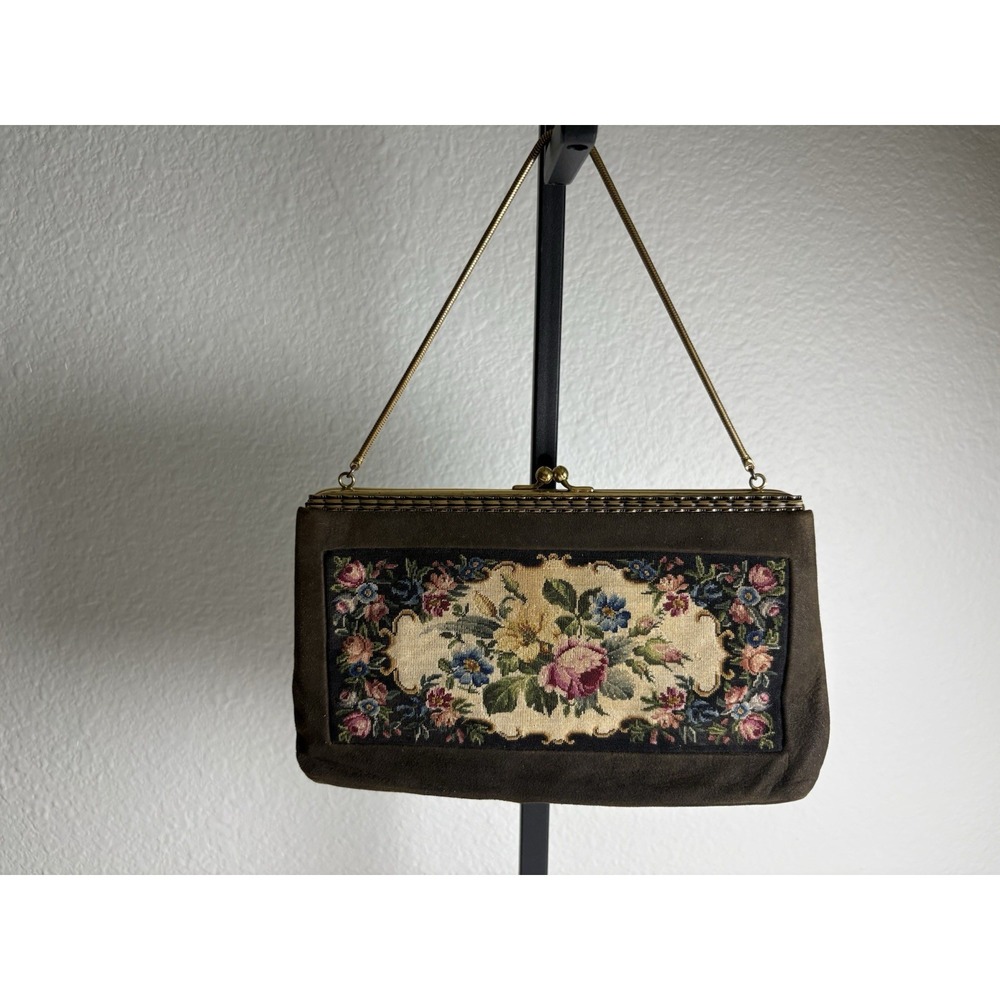 Vintage Floral Needlepoint Tapestry Evening Bag Brown Suede